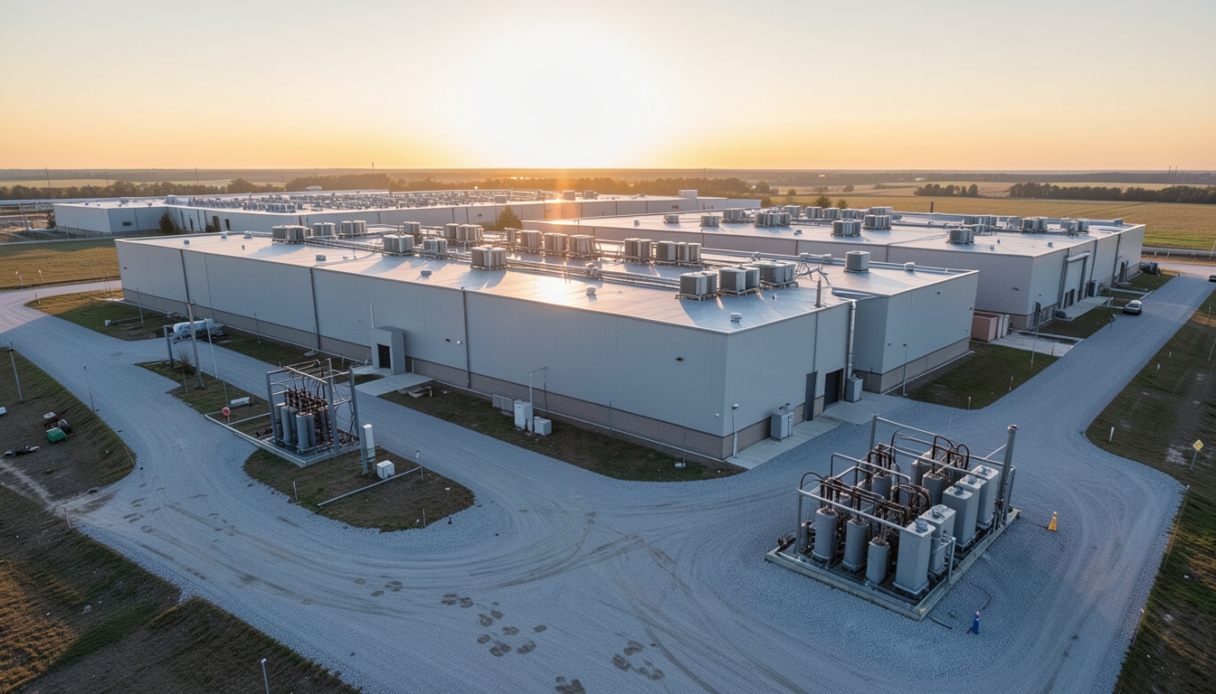 Illustration of rows of industrial cooling units beside a large data center building at golden hour
