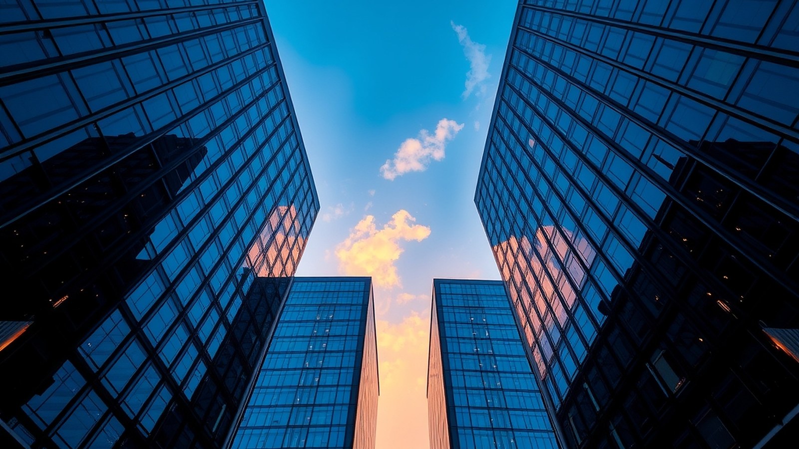 Illustration of glass office towers seen from below at sunset