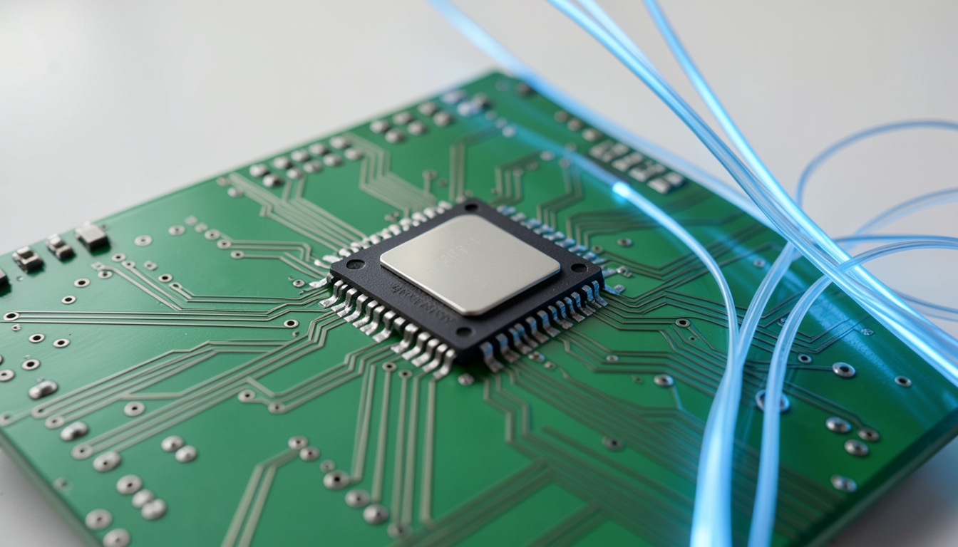 Illustration of a circuit board with a processor chip and optical fiber strands