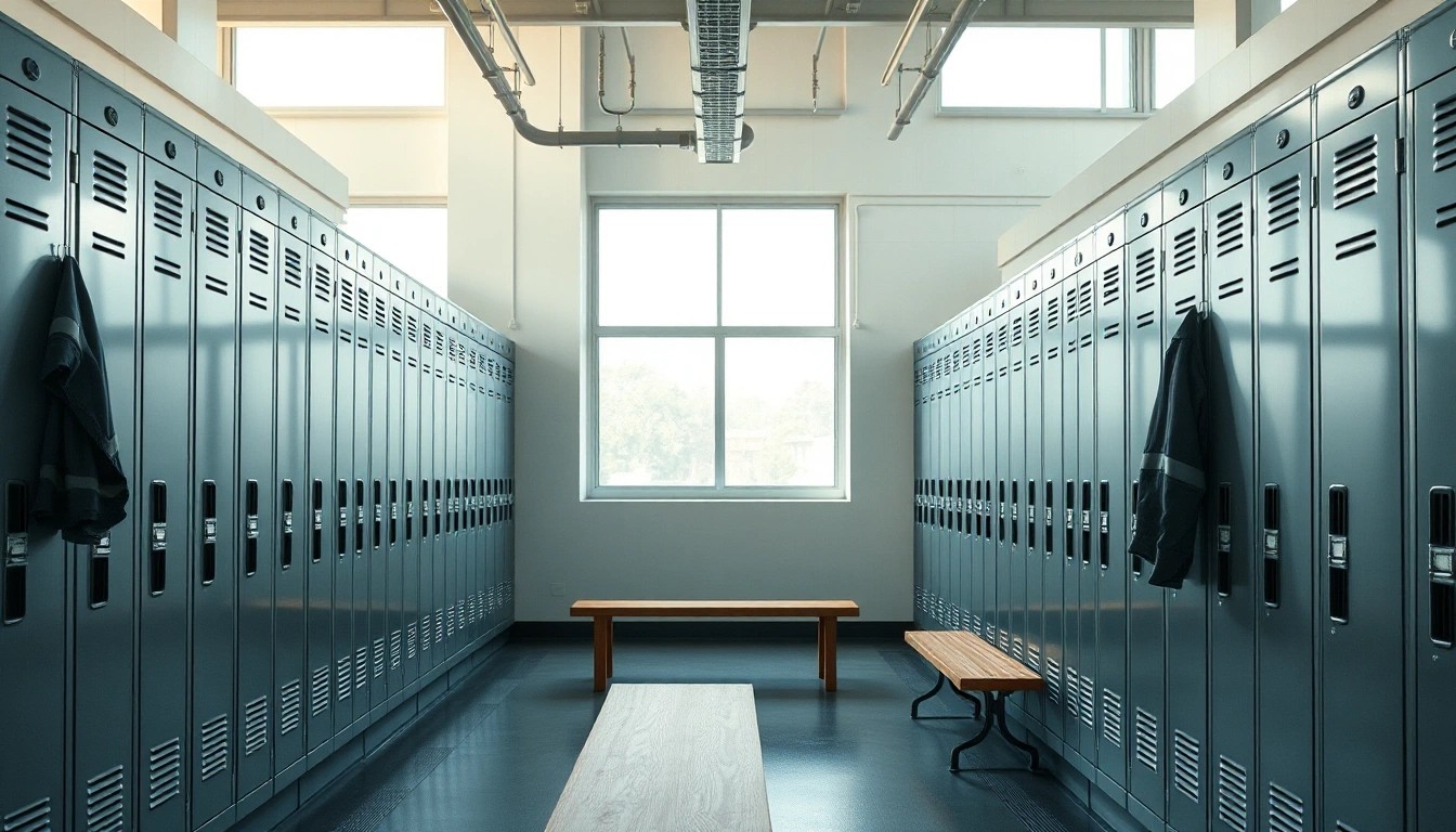 Illustration of an empty workers' locker room with metal lockers and benches in morning light