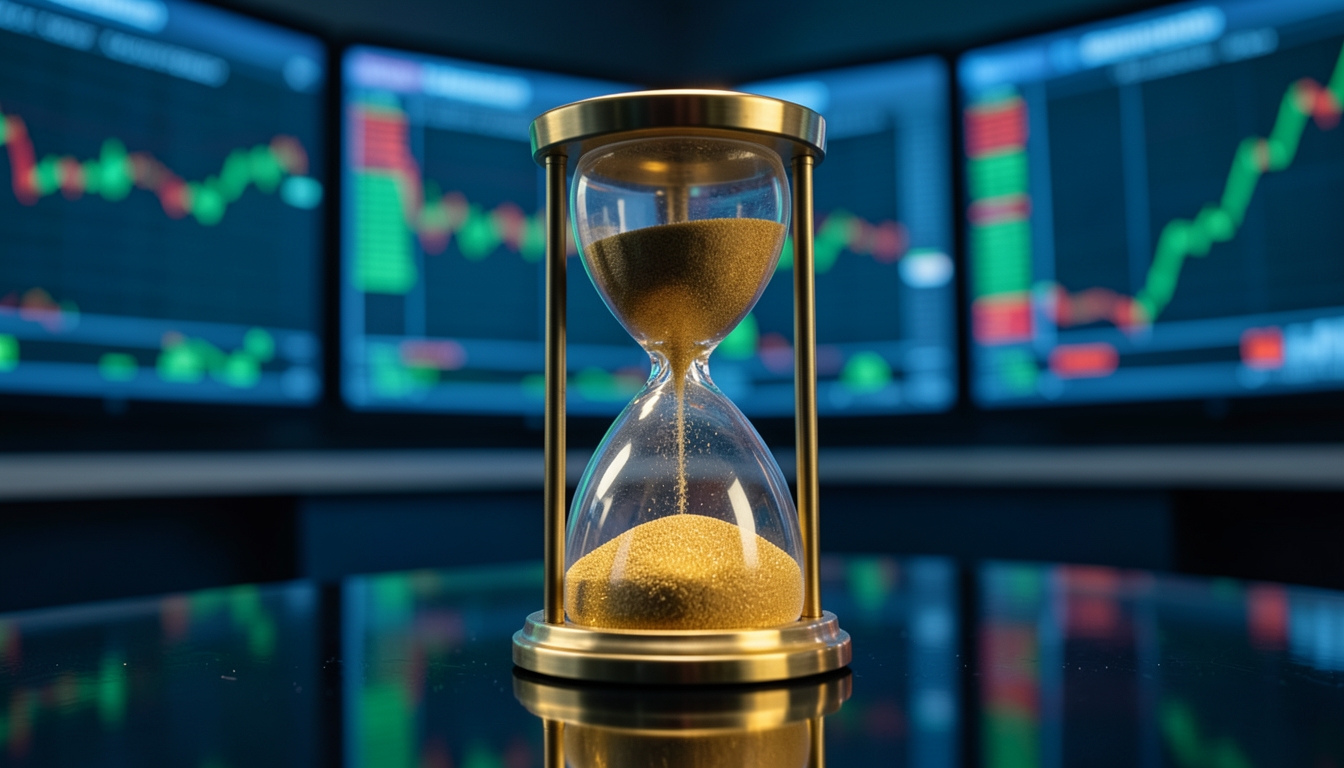 Illustration of an hourglass with gold sand on a dark glass surface in front of blurred market screens