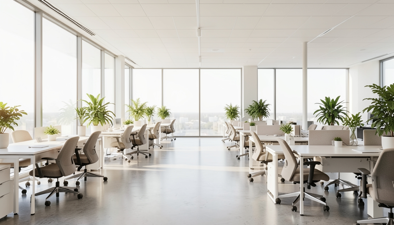 Illustration of an empty open-plan office with rows of desks and plants in morning light