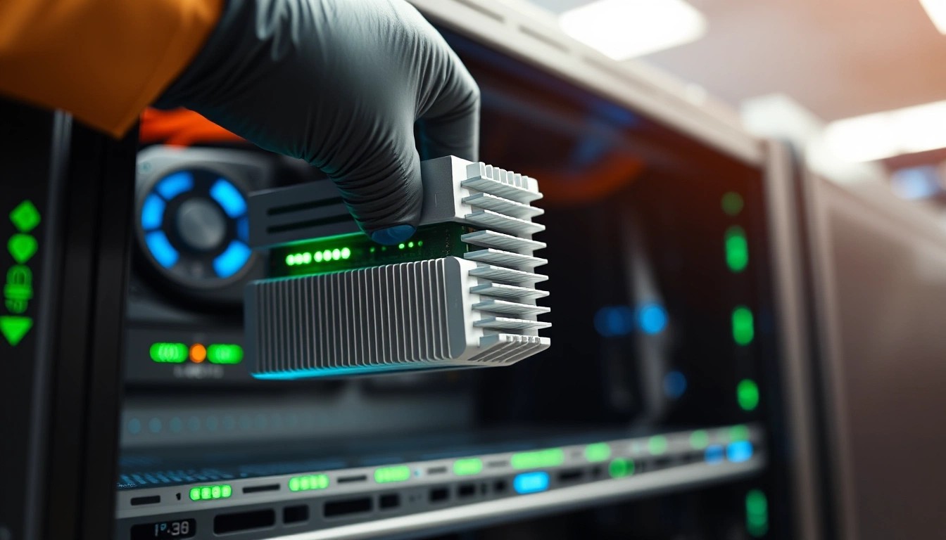 Illustration of a gloved hand fitting an AI accelerator module into a server rack