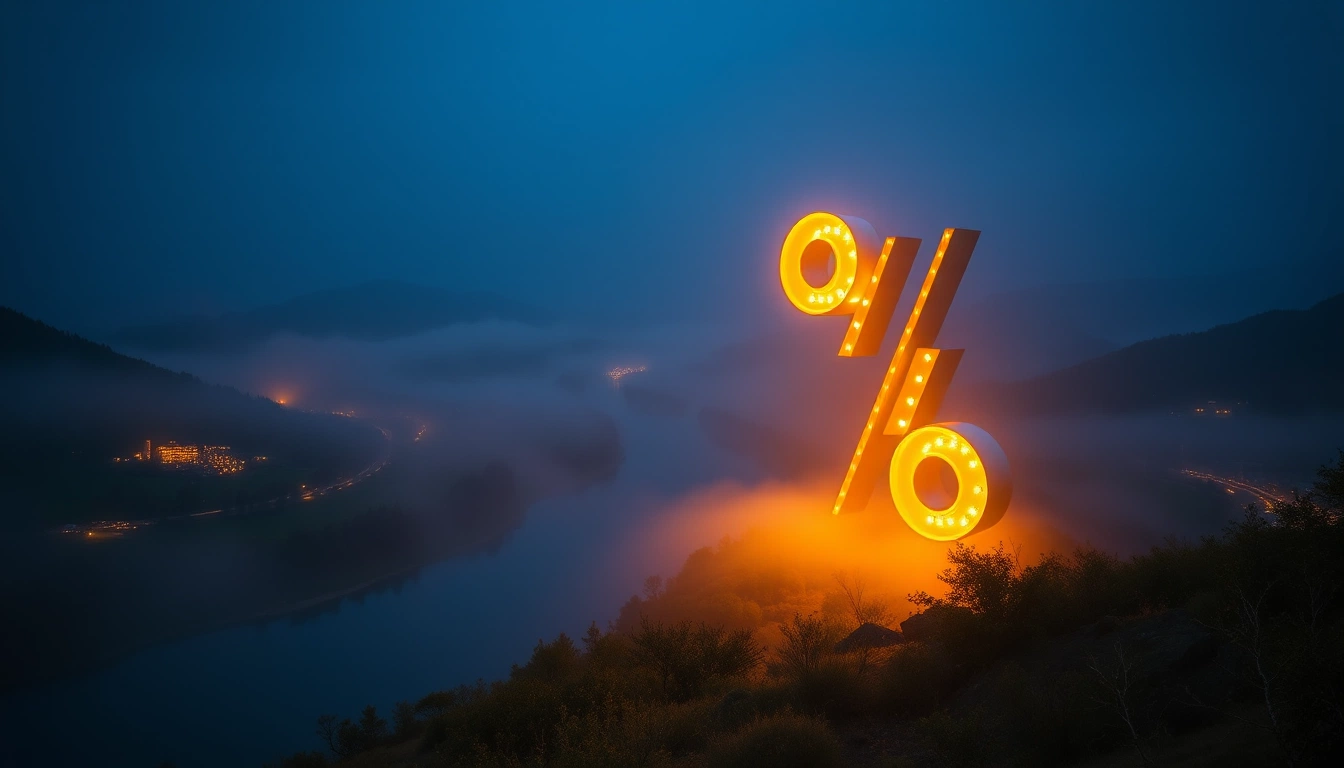 Illustration of a giant glowing percent sign above a misty river valley at night