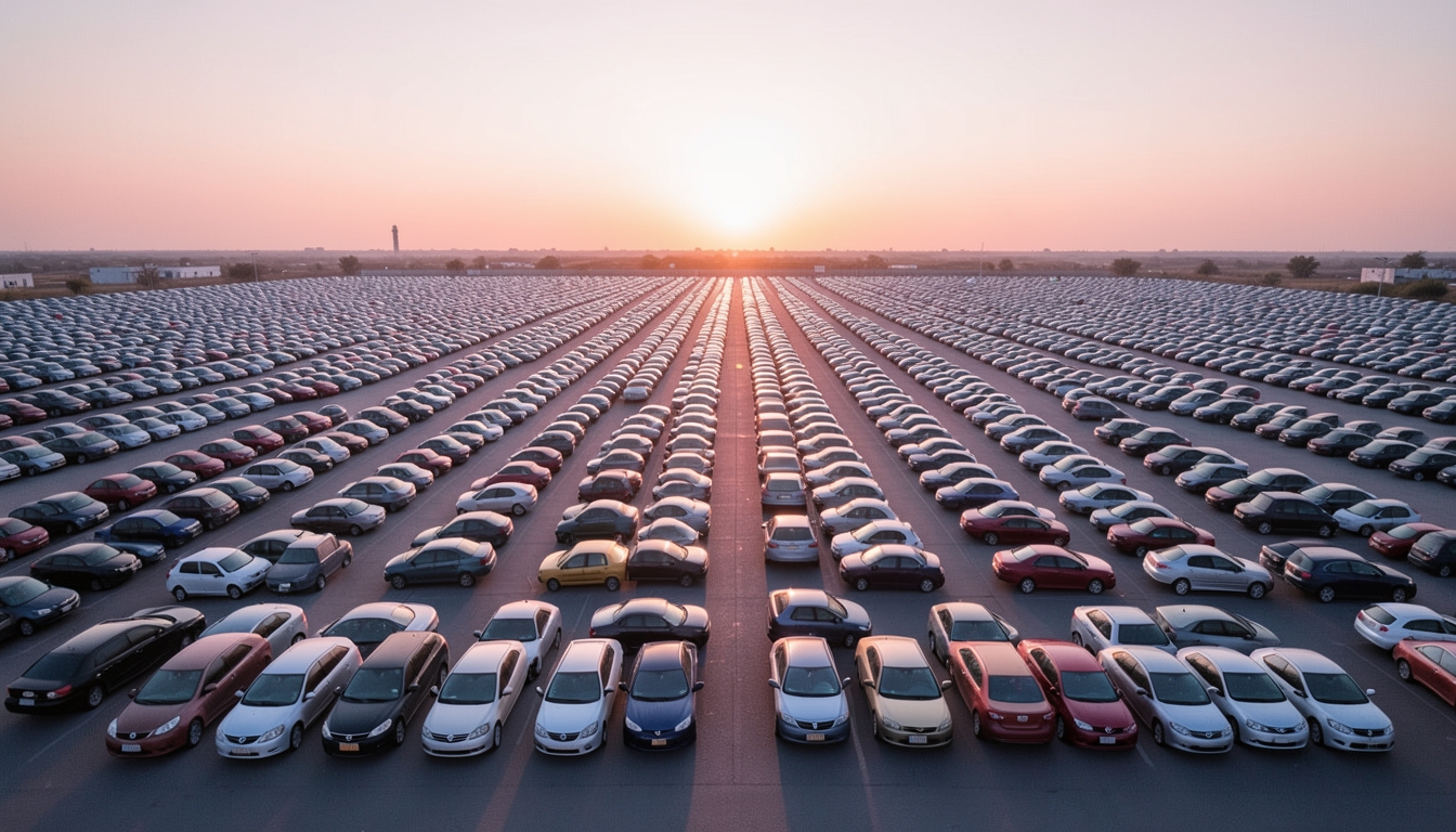 Illustration of an aerial view of rows of used cars parked on a large vehicle lot at sunrise