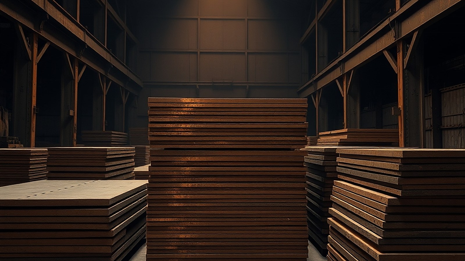 Illustration of stacked copper cathode plates in a dim warehouse