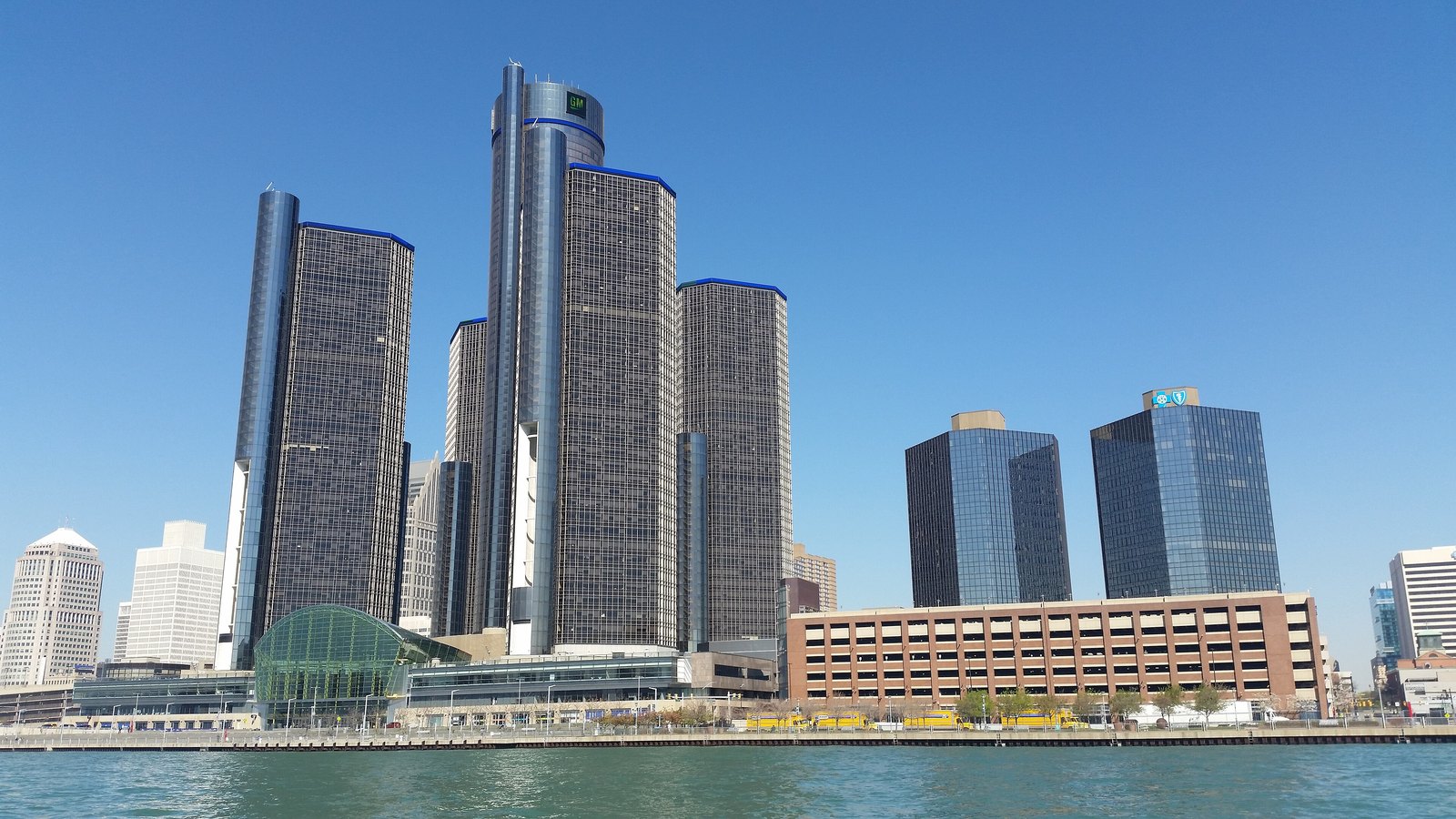 The Renaissance Center towers on the Detroit riverfront, General Motors' headquarters