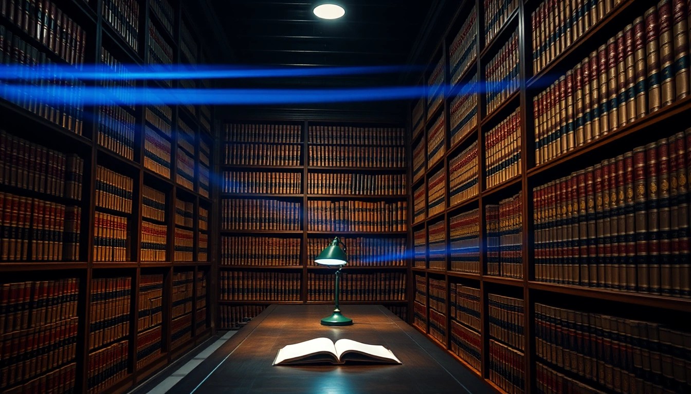 Illustration of a law library at night with a green desk lamp and streams of blue light