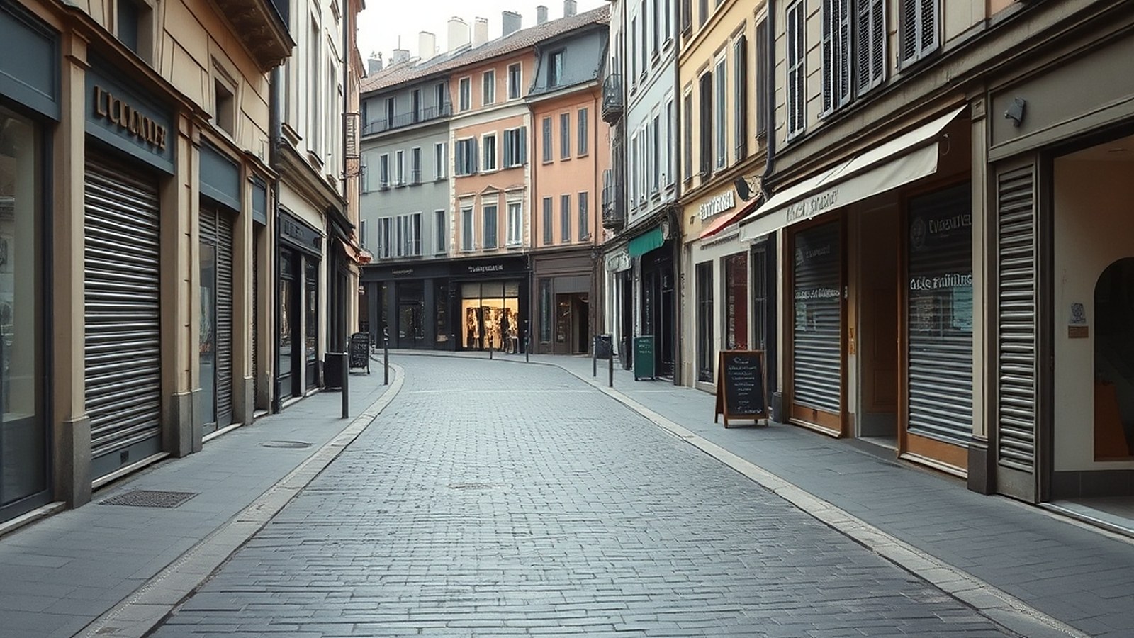 Illustration of an empty cobblestone shopping street in a European town