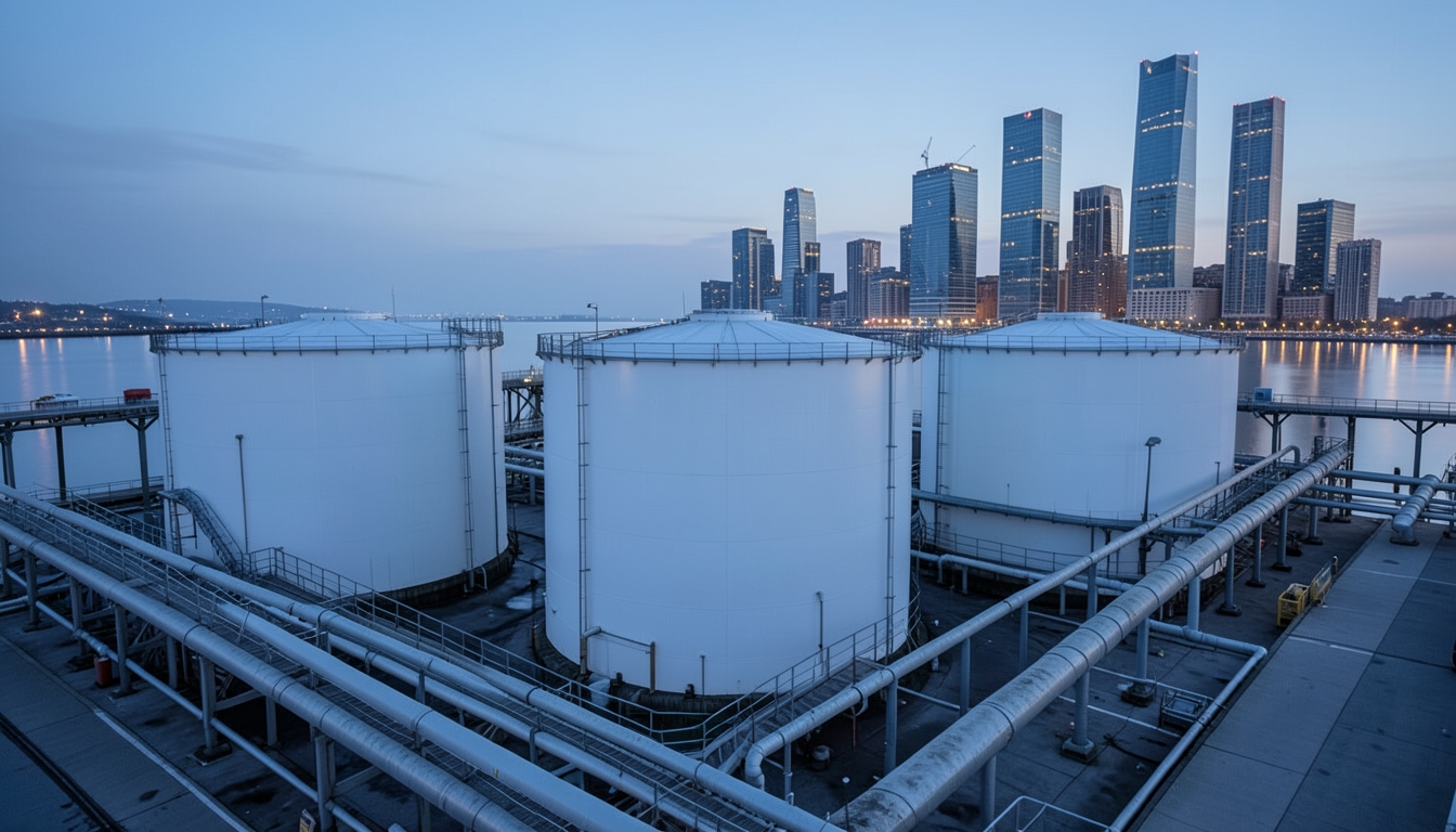 Illustration of crude oil storage tanks at a harbor terminal at dusk with a city skyline across the water