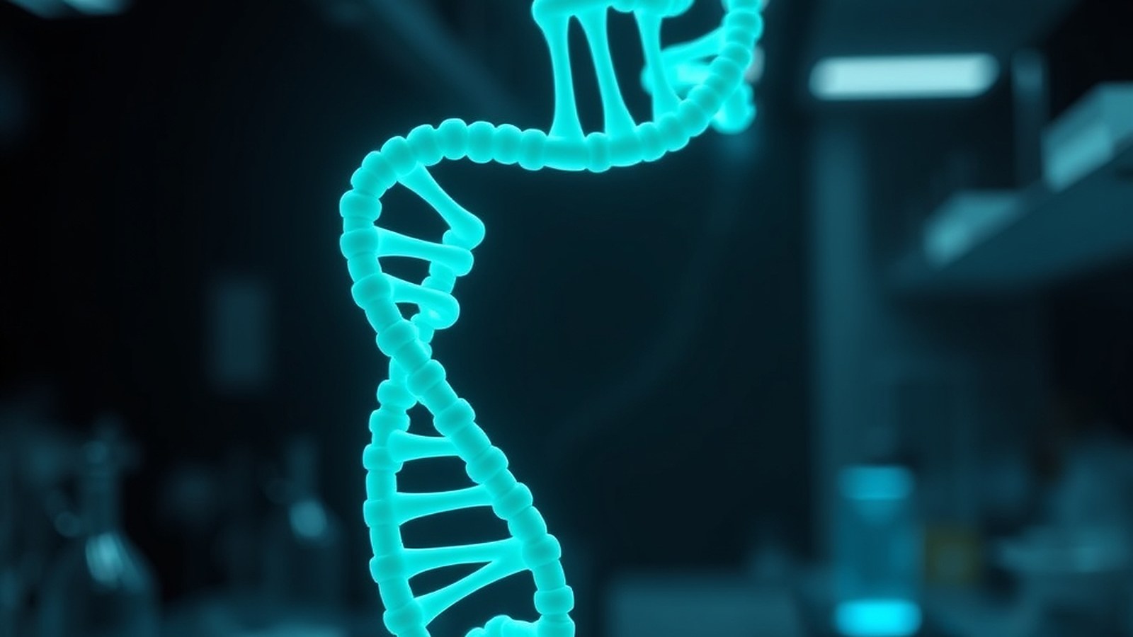 Illustration of a glowing teal molecular helix in a dark laboratory