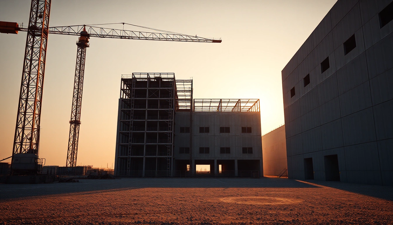 Illustration of a tower crane beside a large factory building under construction at sunrise