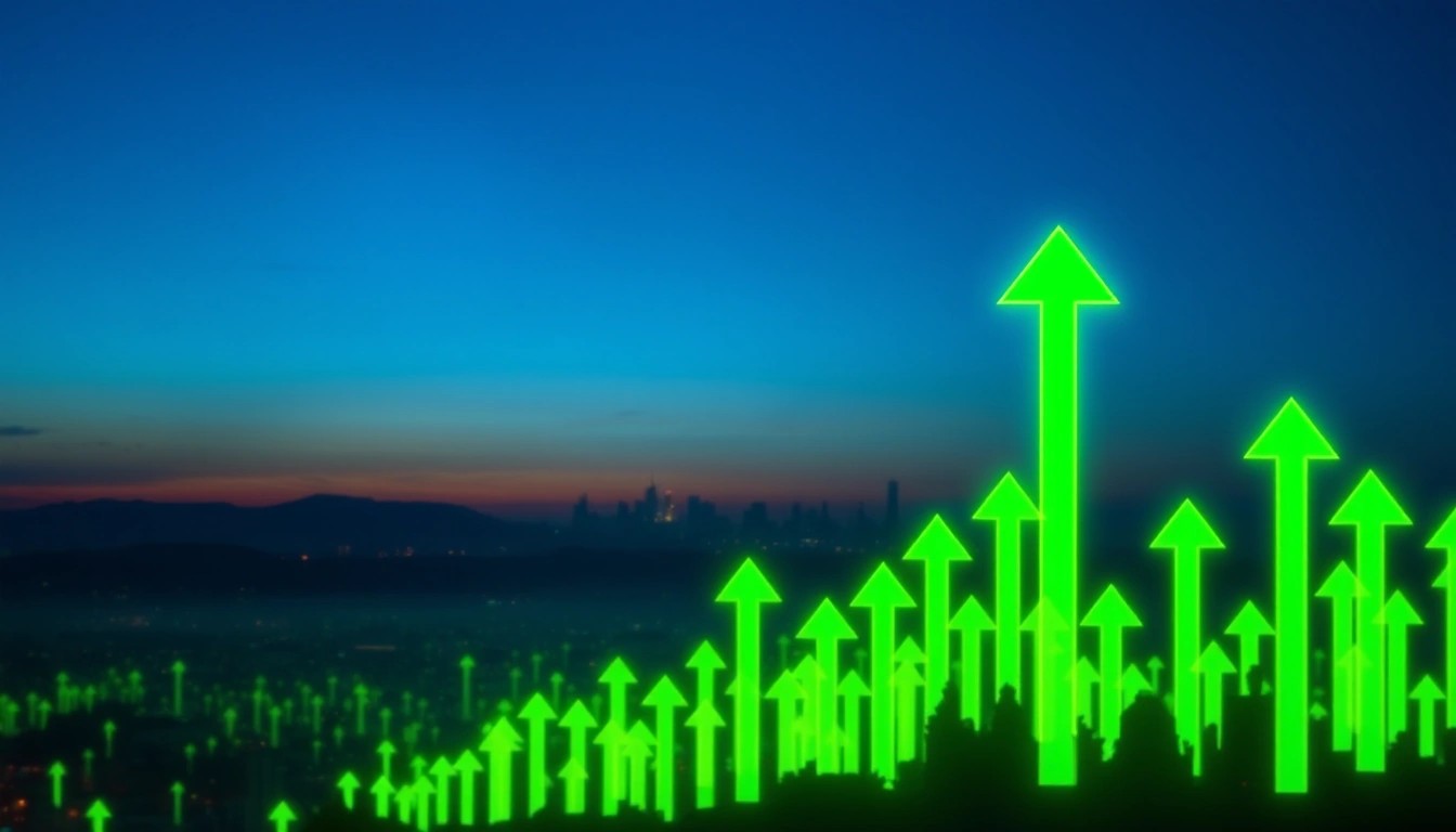 Illustration of glowing green arrows rising into a dawn sky above a city skyline