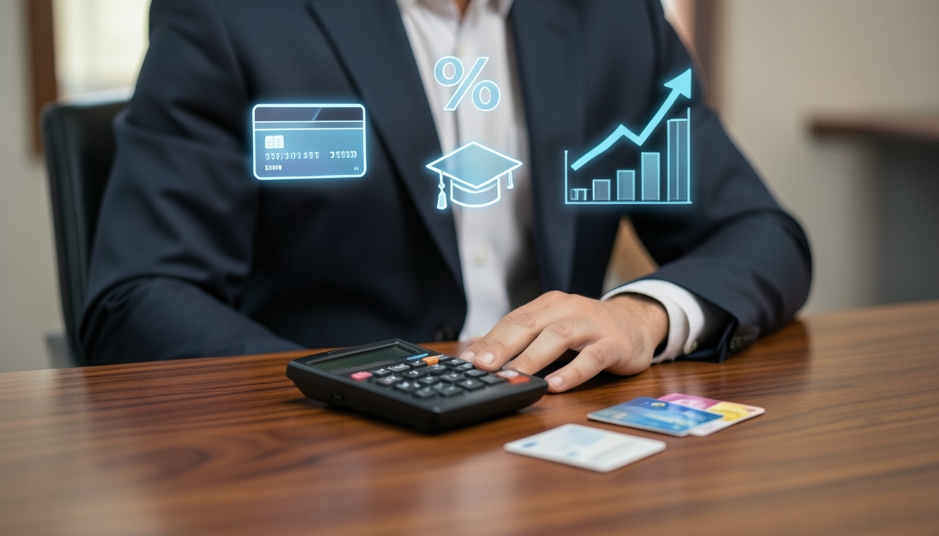 Illustration of a person at a desk with a calculator and payment cards beneath icons for credit, interest and student loans