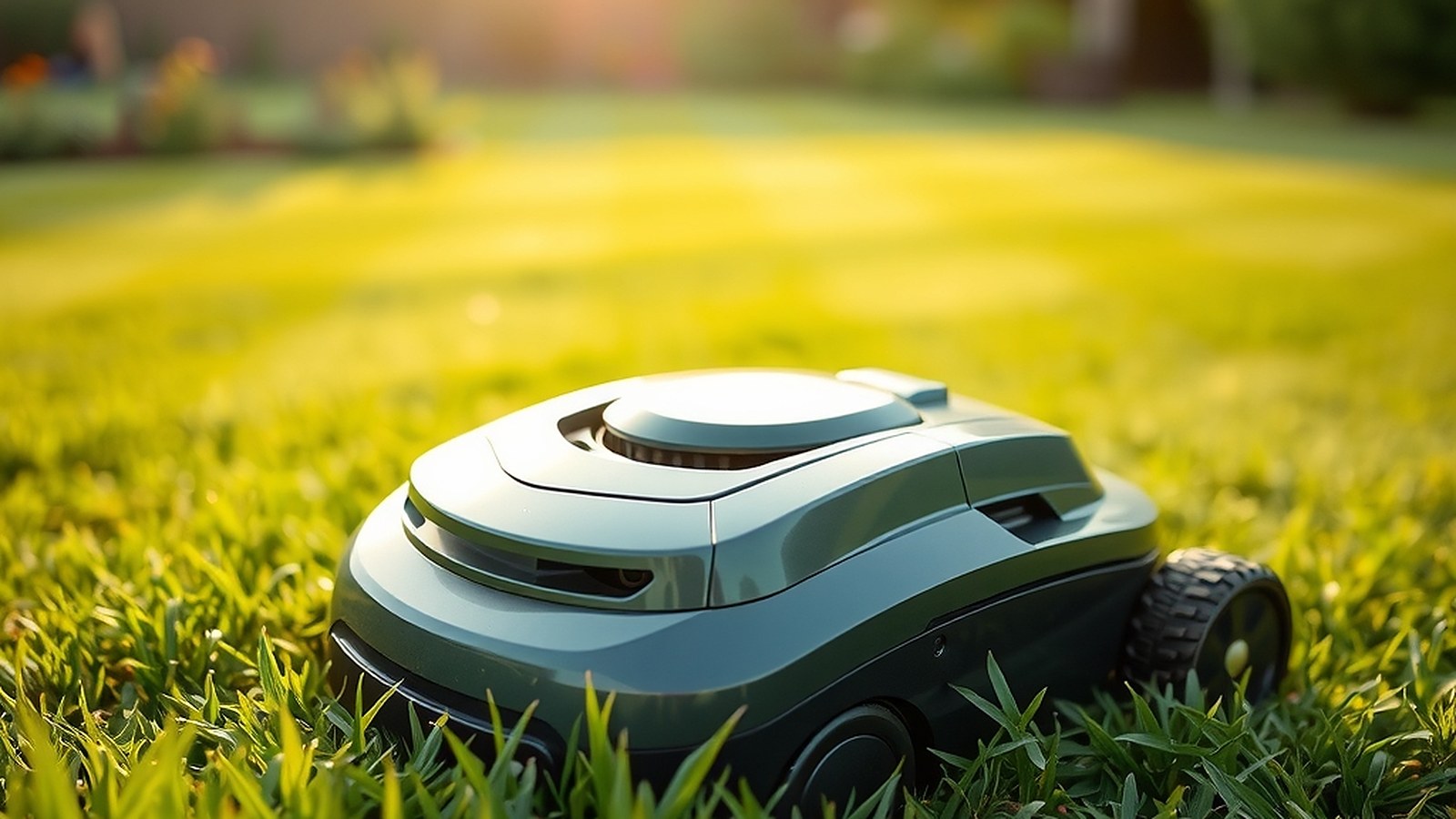 Illustration of a robotic lawn mower cutting a lawn at golden hour