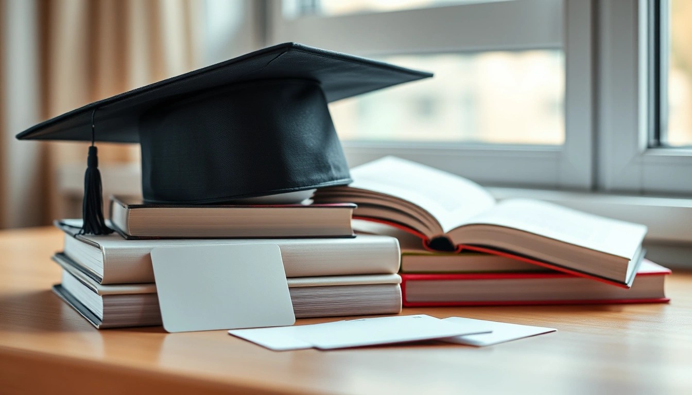 Illustration of a graduation cap on a stack of books beside blank payment cards