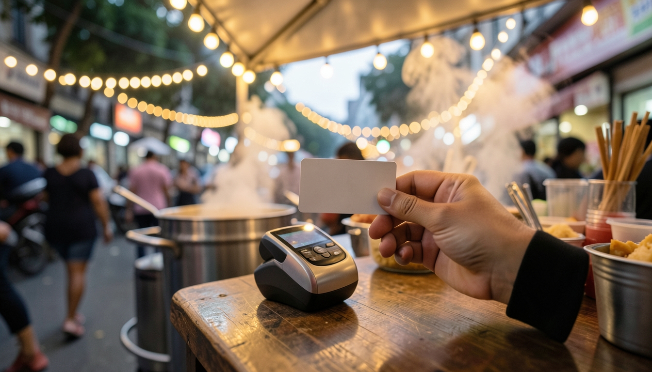 Illustration of a blank payment card held to a contactless terminal at an evening street-food stall