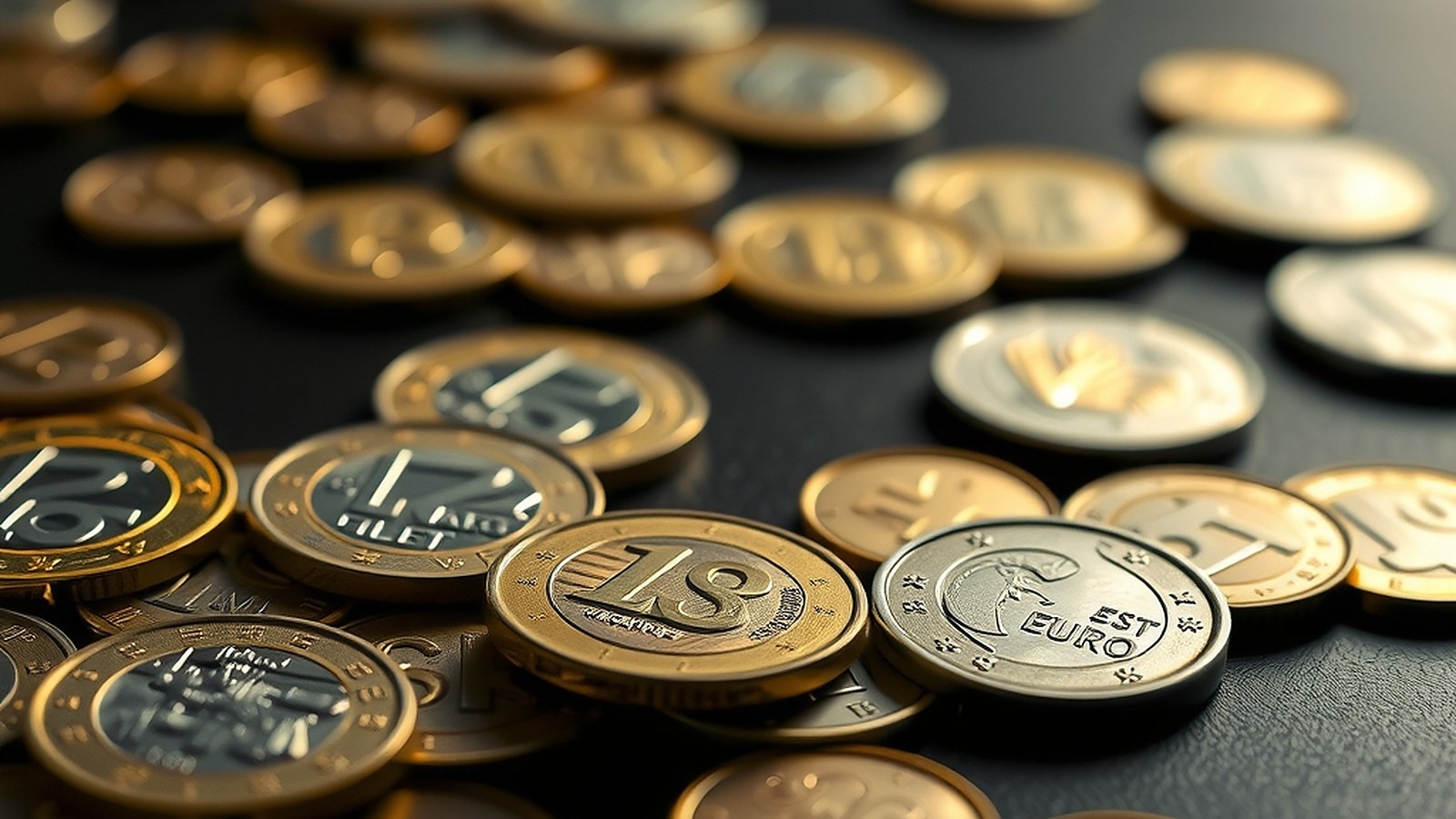 Illustration of euro-style coins scattered on a dark table in warm light