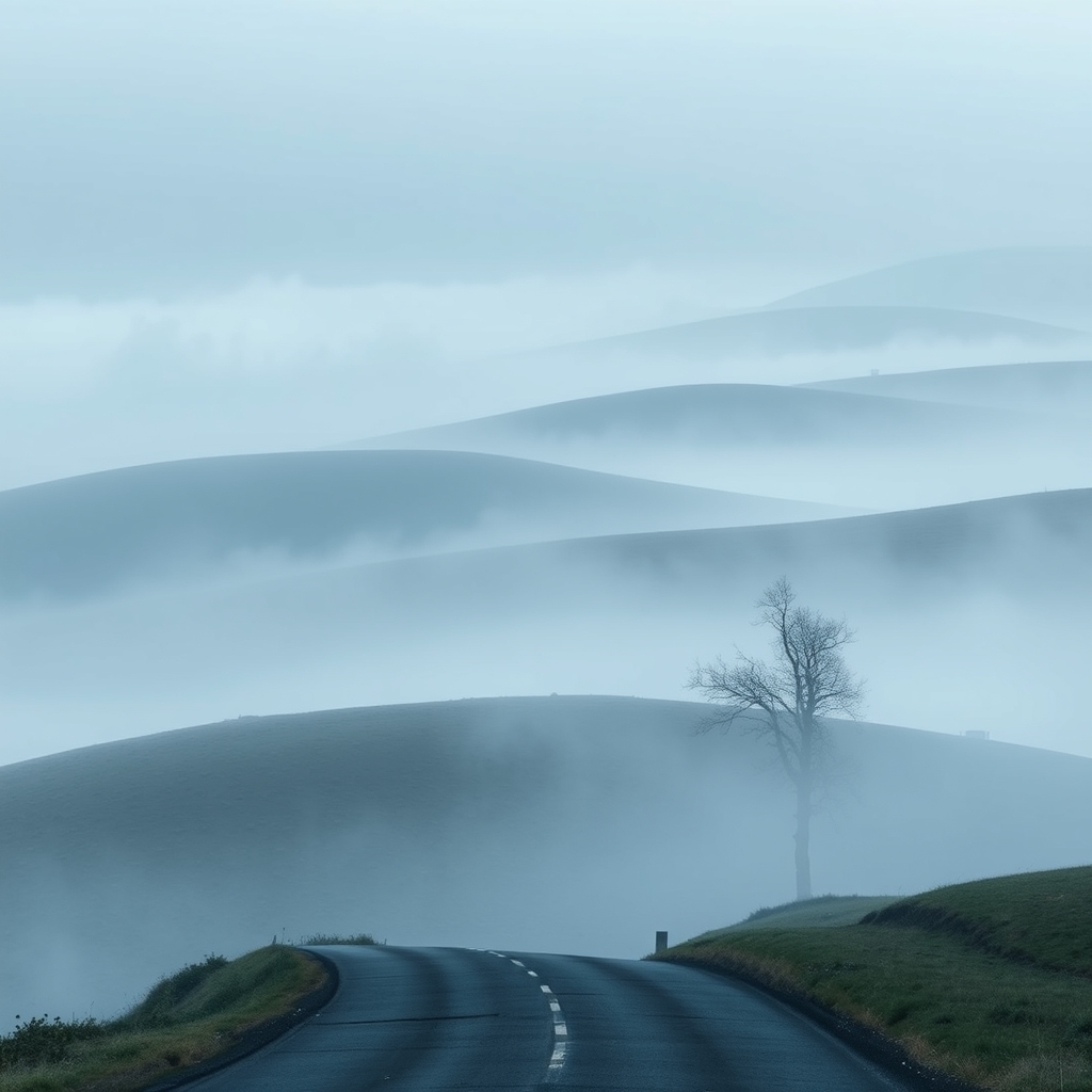 Illustration of misty hills and a quiet road at dawn