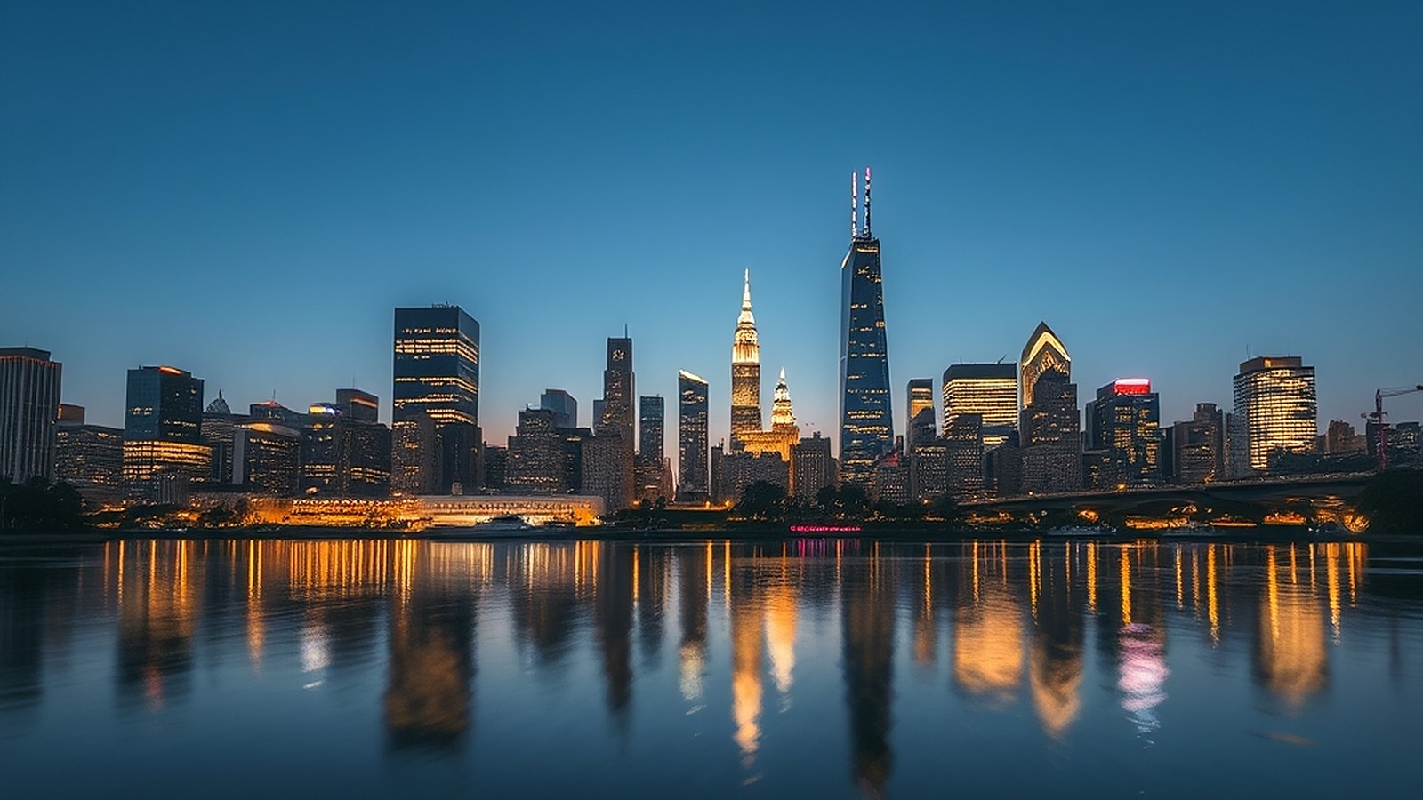 Illustration of a city skyline reflected in a river at blue hour