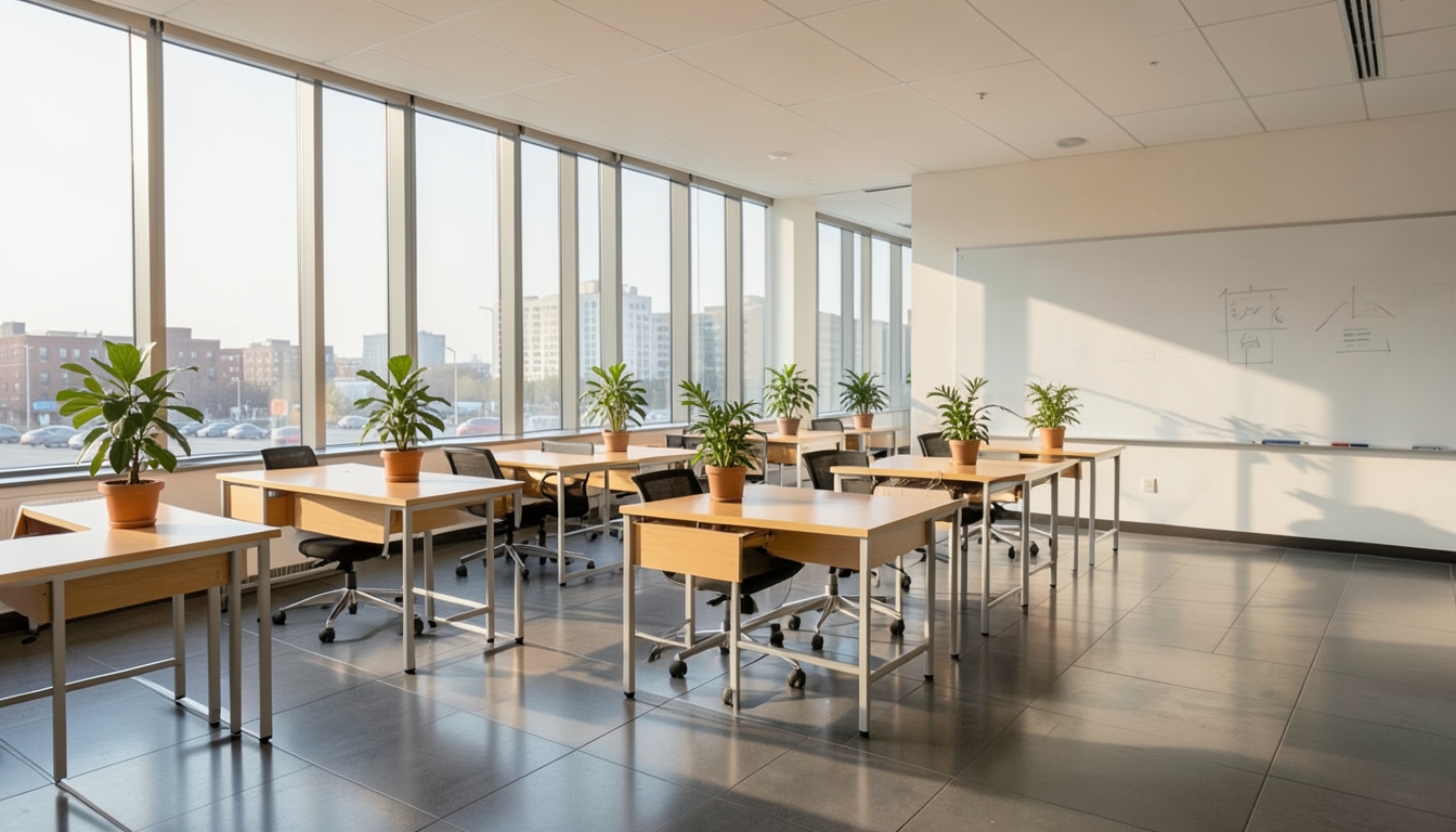 Illustration of a bright empty open-plan startup office with desks, plants and a whiteboard