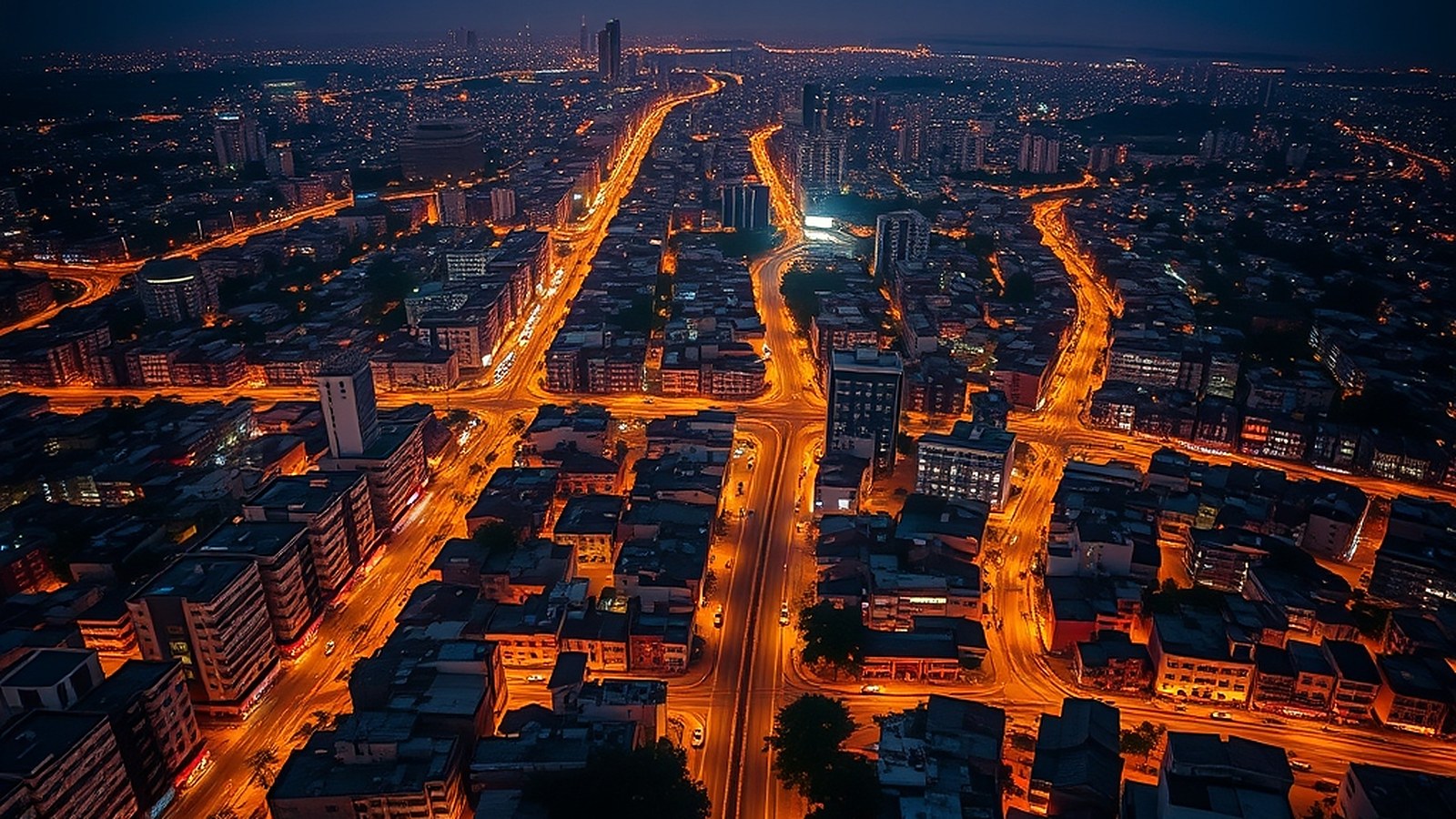 Illustration of a busy West African city street at dusk with blurred traffic lights