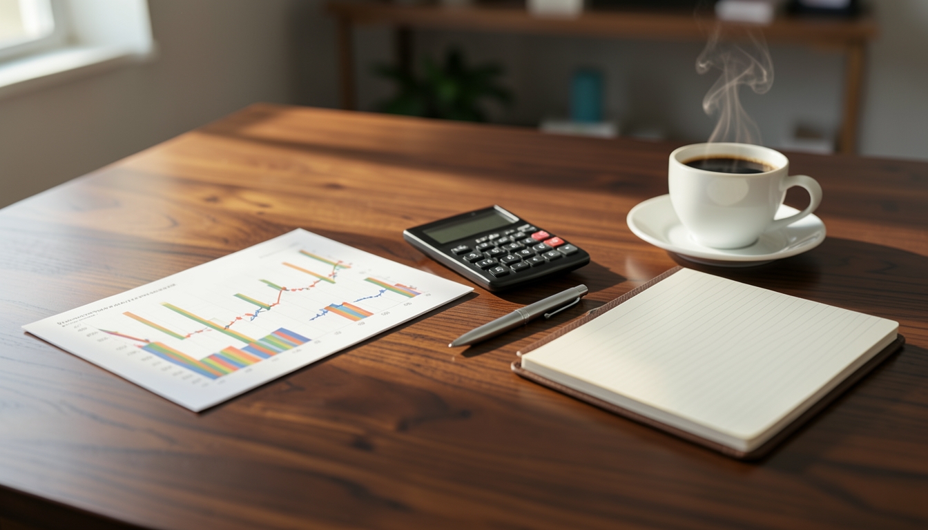 Illustration of a desk with printed charts, a calculator and a notebook for reviewing household finances