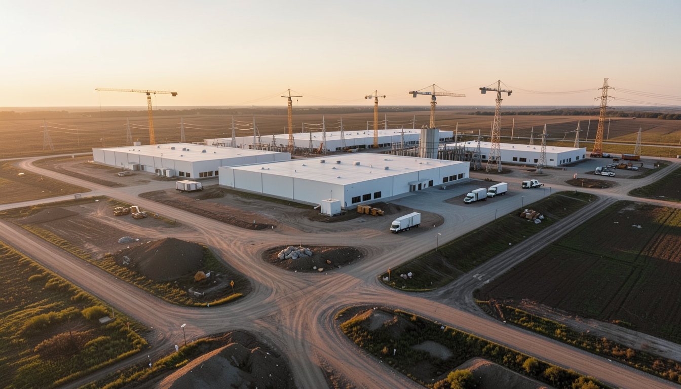 Illustration of a data center campus under construction beside an electrical substation at golden hour
