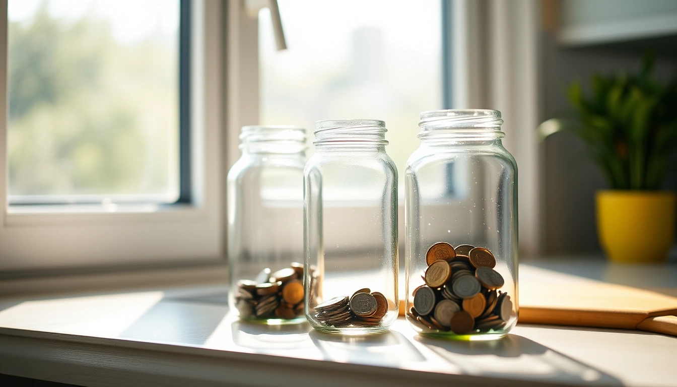 Illustration of three glass jars on a sunlit windowsill holding different amounts of coins