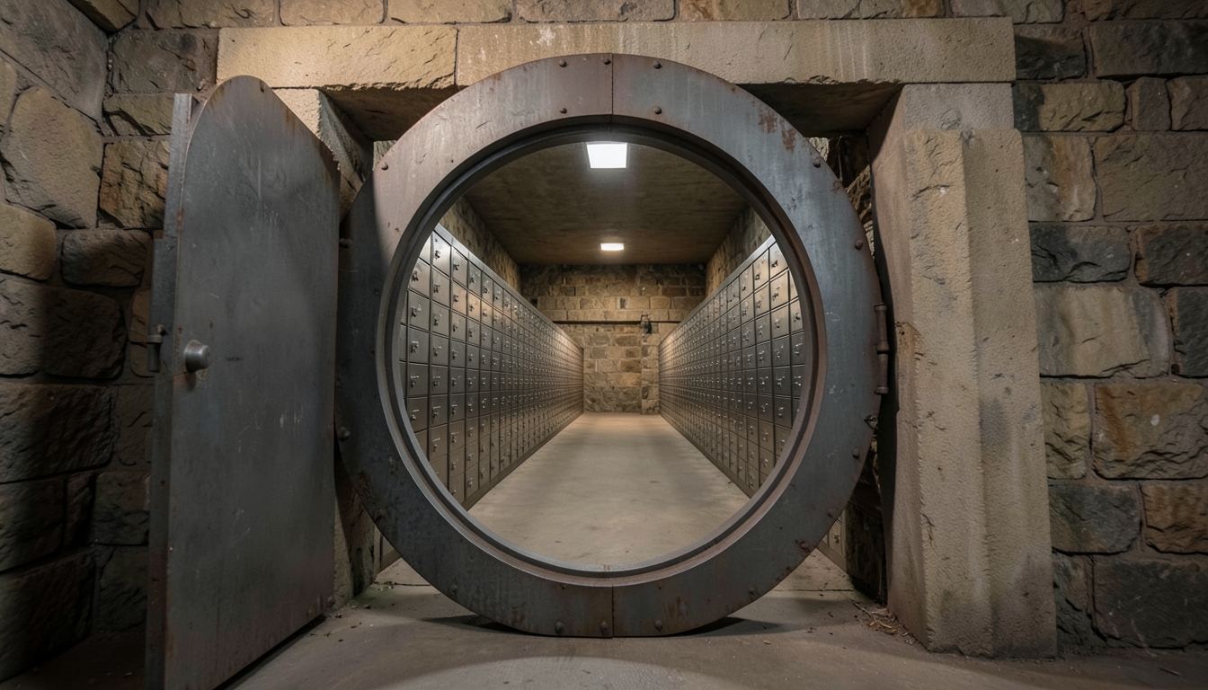 Illustration of an open steel vault door in a stone bank vault with rows of empty deposit drawers