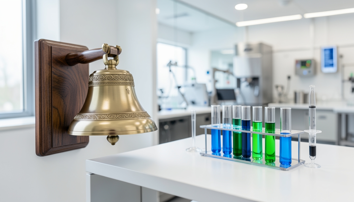 Illustration of a brass bell on a wall bracket beside test tubes in a biotech laboratory