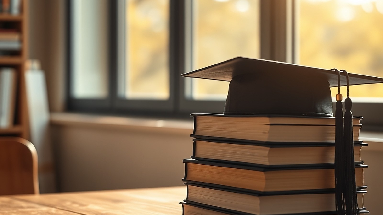 Illustration of a graduation cap and textbooks on a desk by a window