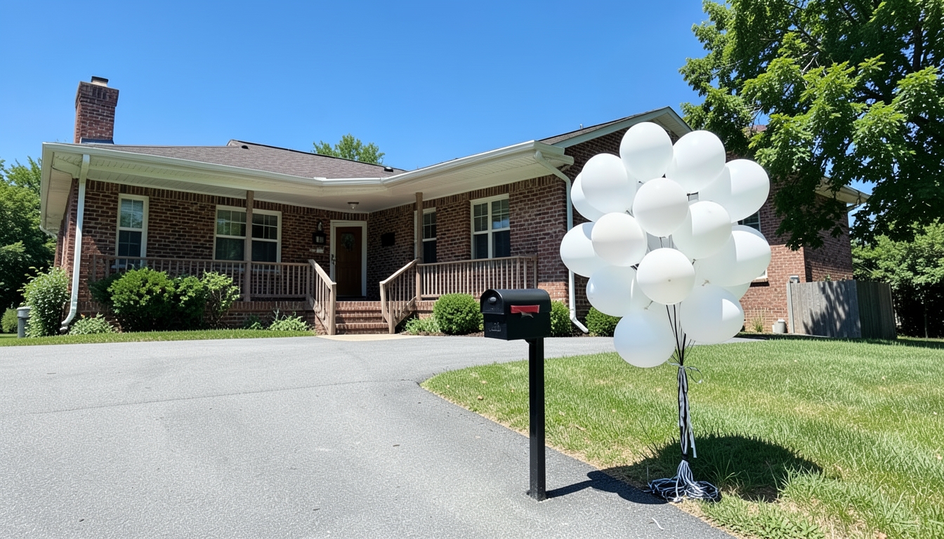 Illustration of white balloons tied to a mailbox in front of a brick suburban house at midday