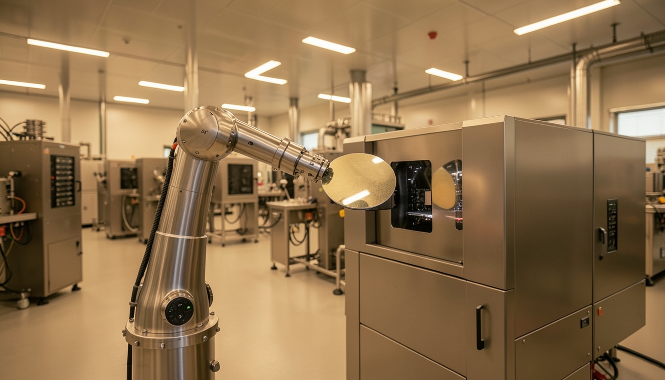 Illustration of a robotic arm loading a silicon wafer into an inspection machine in a chip fab