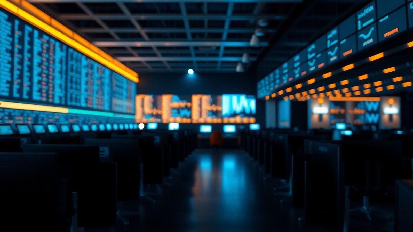 Illustration of a dim trading floor lined with glowing screens in blue and amber light