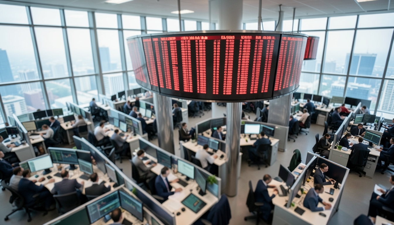 Illustration of a trading floor below a ring of red market display screens