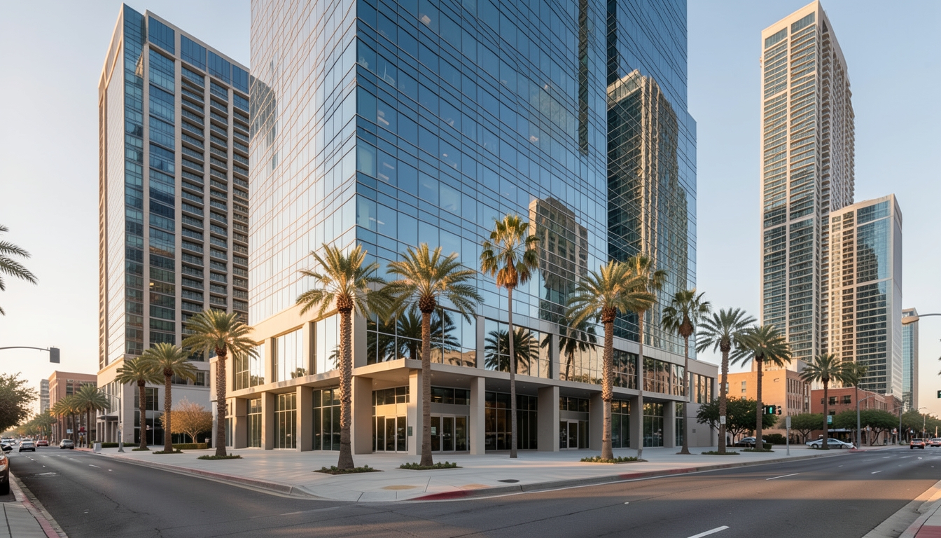 Illustration of glass office towers in a Sunbelt business district at late afternoon