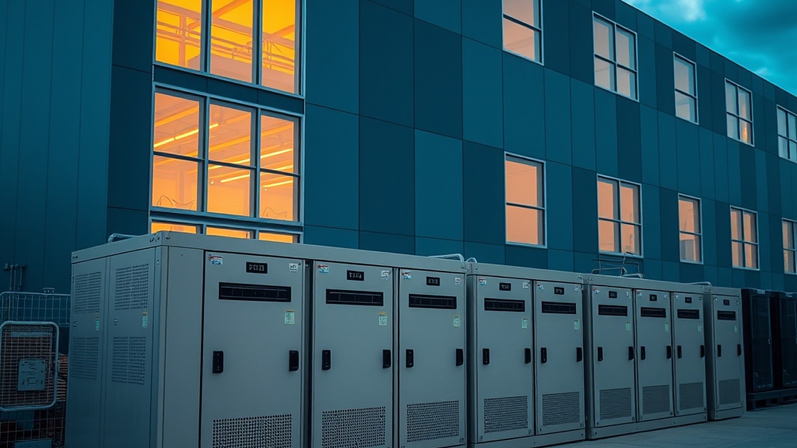 Illustration of fuel-cell power cabinets beside a data center building at dusk