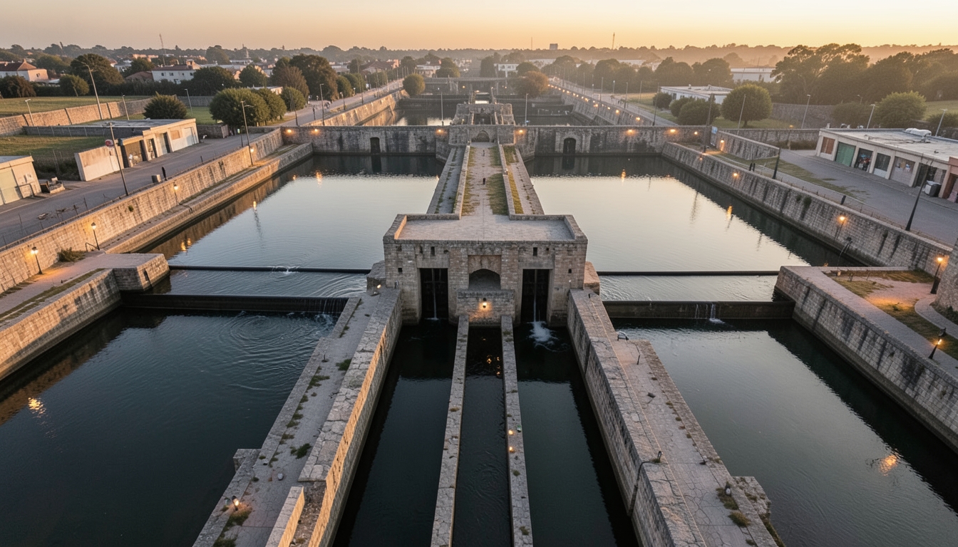 Illustration of an aerial view of canals and locks feeding two wide water basins at dusk