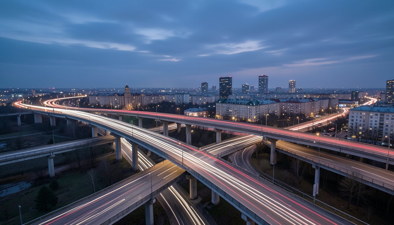 Illustration of a multi-level highway interchange at blue hour with light trails of traffic