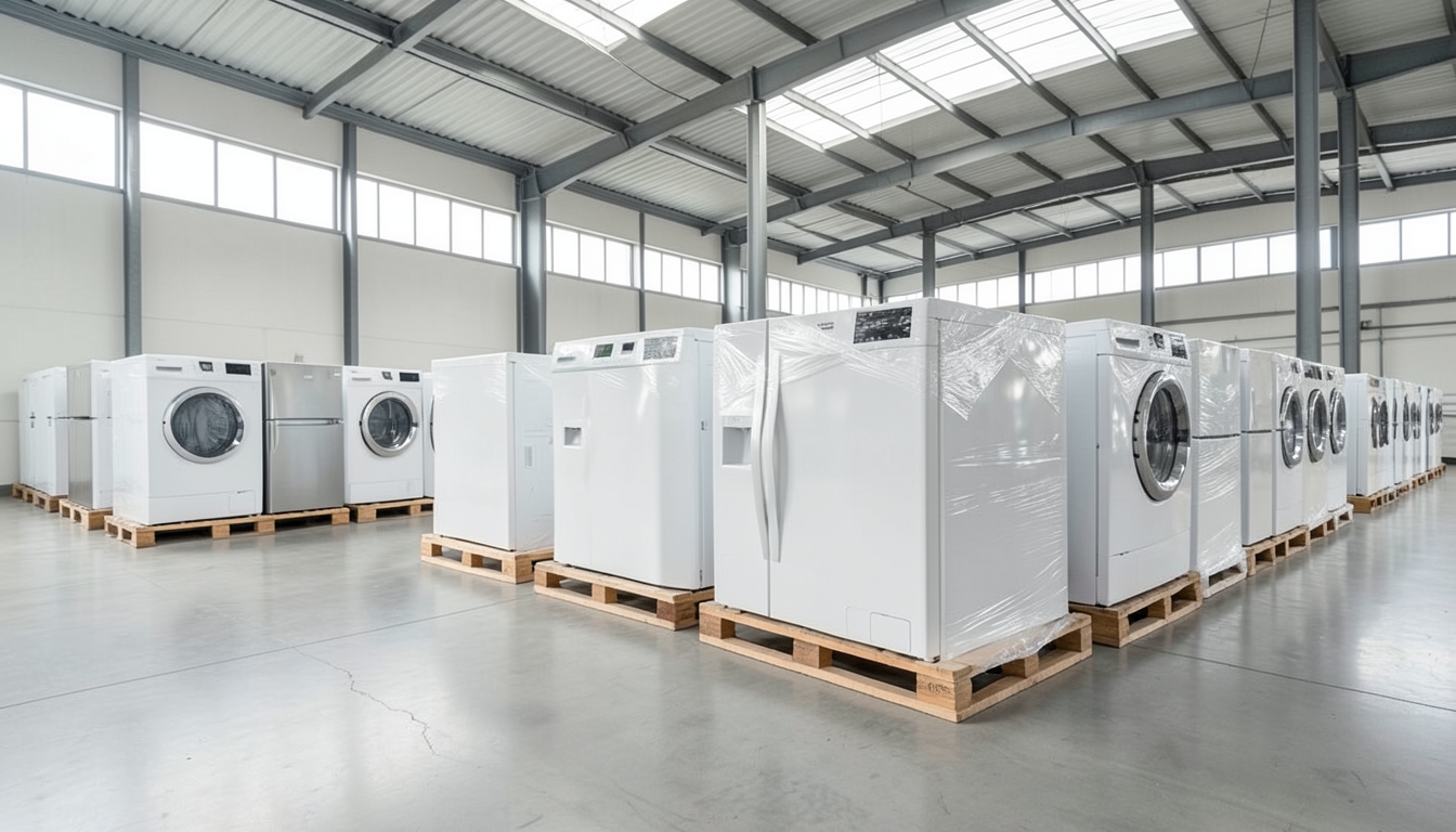Illustration of new washing machines and refrigerators wrapped in plastic on pallets in a warehouse