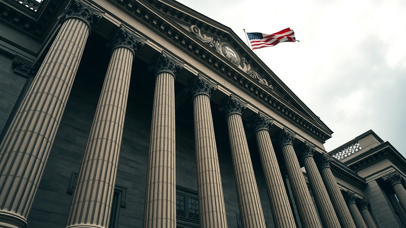 Illustration of a neoclassical stone building with columns and a flag under an overcast sky