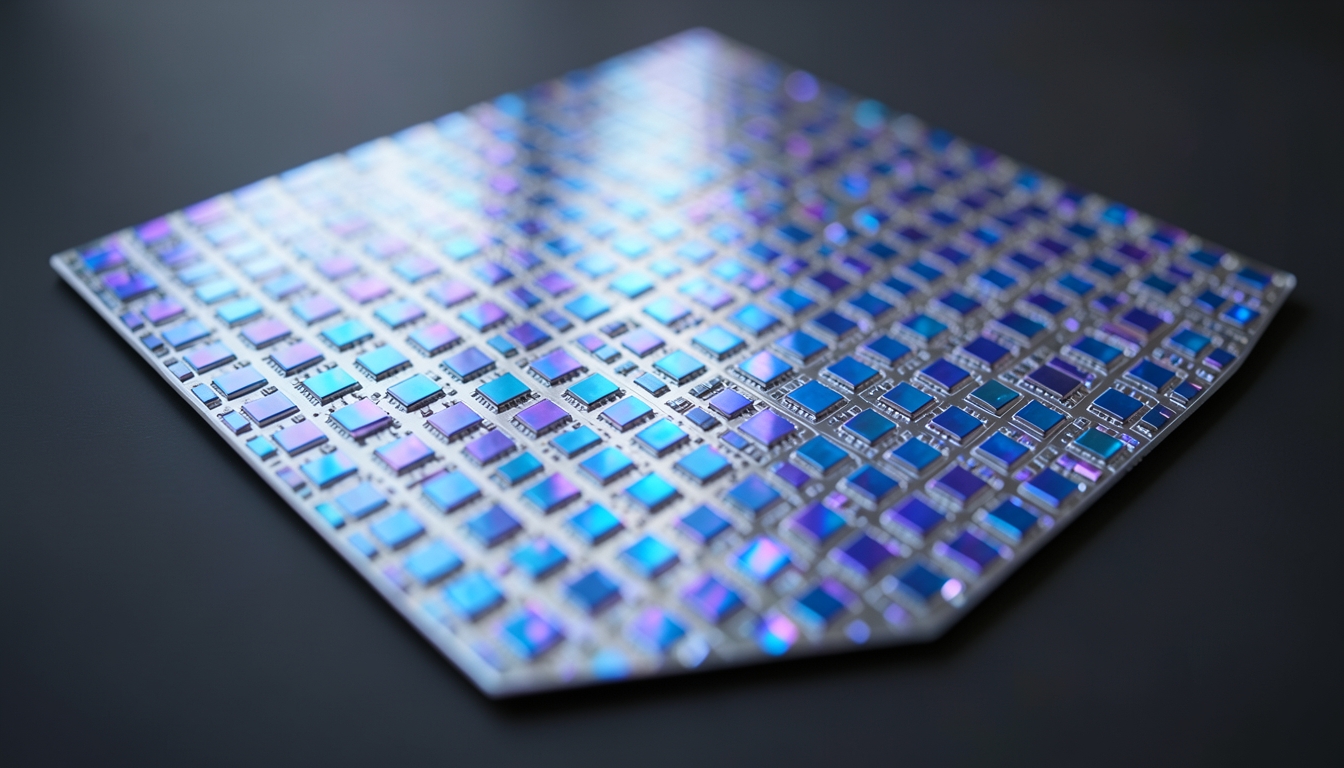 Illustration of a silicon wafer with a grid of chips in close-up