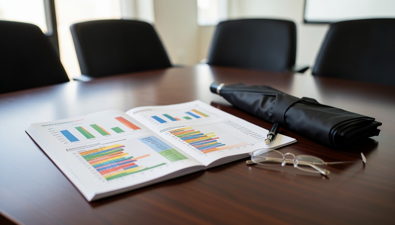 Illustration of an open quarterly results report on a boardroom table beside a folded umbrella