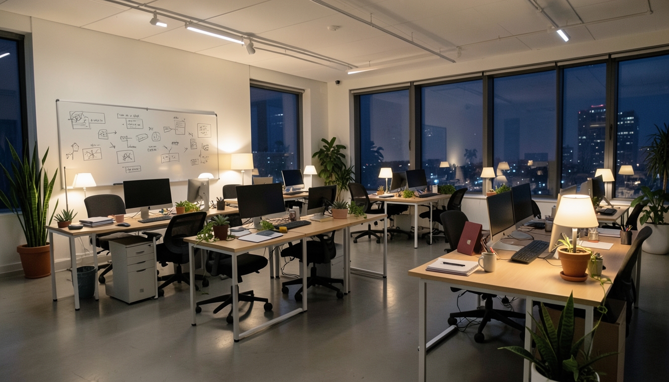 Illustration of an empty open-plan startup office at night