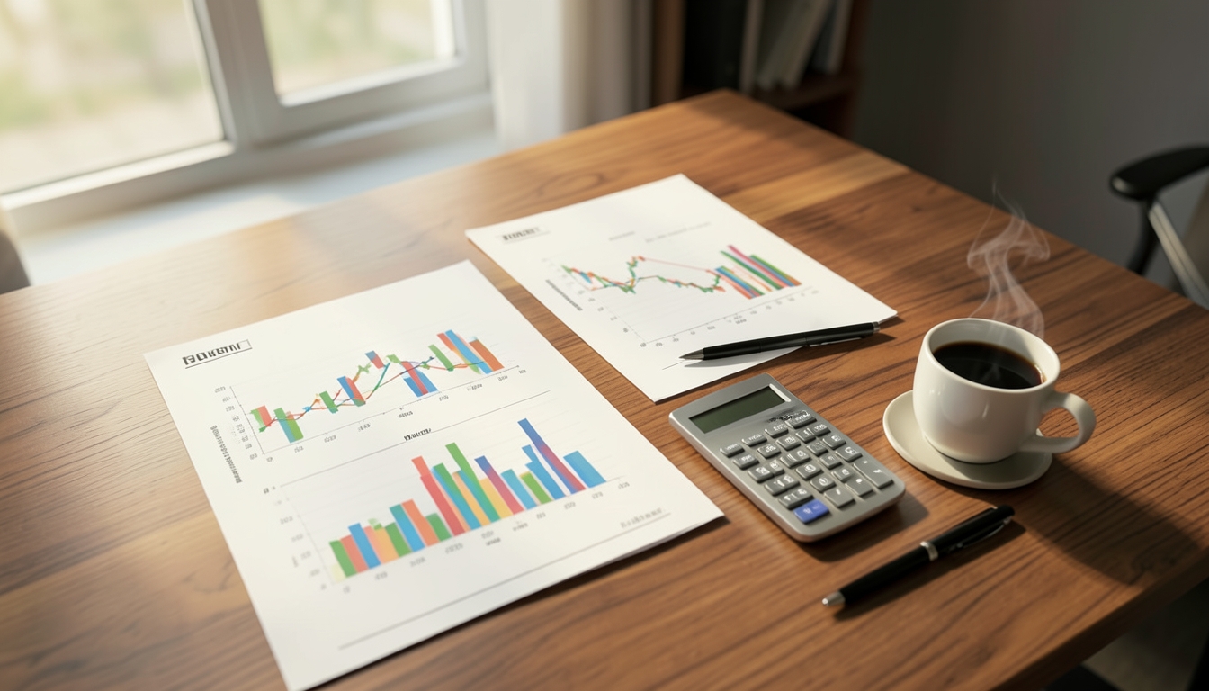 Illustration of a desk with printed charts, a calculator, a pen and a coffee cup