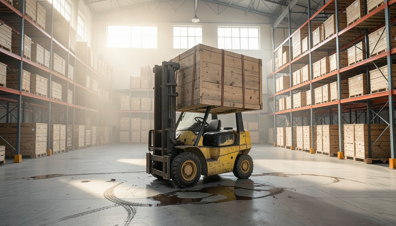 Illustration of a forklift lifting a large machinery crate in a warehouse bay