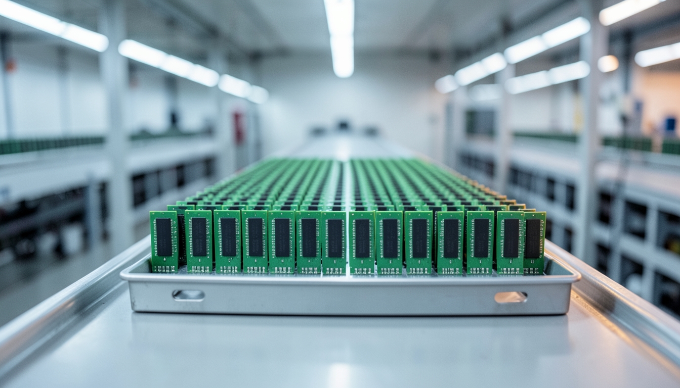 Illustration of rows of memory modules standing in a tray on a chip assembly line