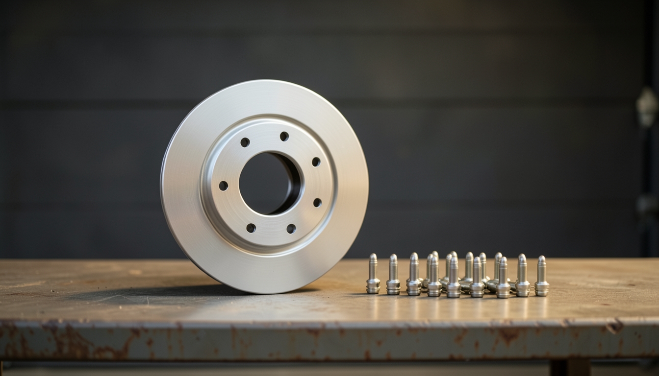 Illustration of a brake rotor and spark plugs on a workshop bench