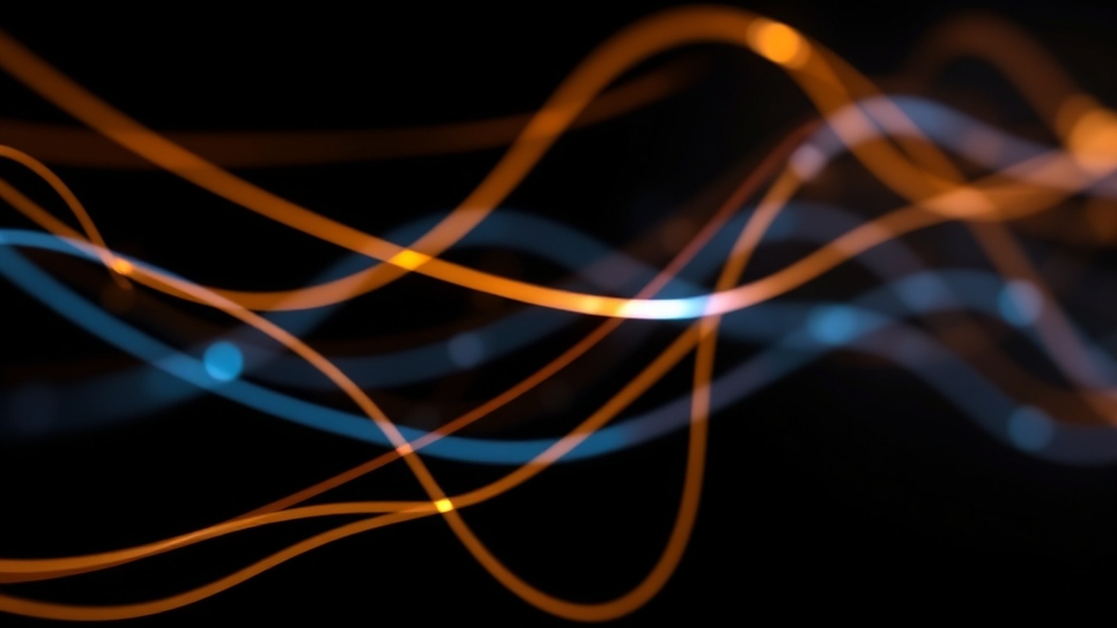 Illustration of flowing amber and blue light trails on a black background